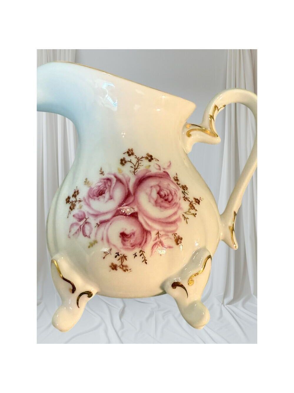 Vtg Weimar Porzellan Germany Pitcher HandPainted Pink Rose Footed Porcelain Jug
